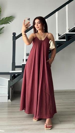 Bordo Tnsel Ayarlanabilir Askılı Cepli Elbise