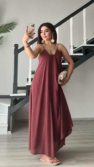 Bordo Tnsel Ayarlanabilir Askılı Cepli Elbise