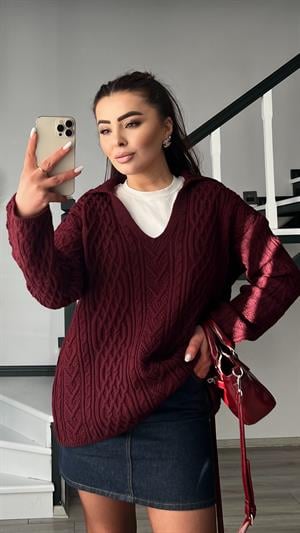 Bordo Yakalı Saç Örgü Kazak 