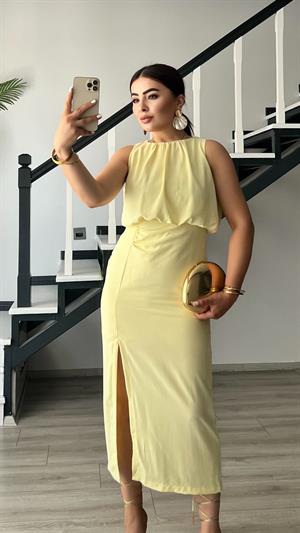 Butter Yellow Önden Yırtmaçlı Büzgülü Elbise