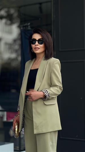 Light Green Lined Leopard Print Jacket and Trousers Set