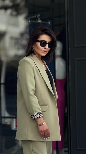 Light Green Lined Leopard Print Jacket and Trousers Set