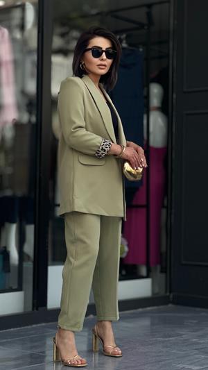 Light Green Lined Leopard Print Jacket and Trousers Set