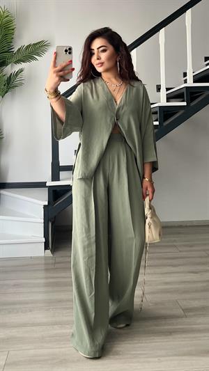 Çağla Yeşili Tnsel Tek Düğme Bluz -Pantolon Takım