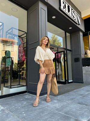 Camel Büzgülü Mini Etek