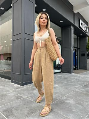 Camel Ham Keten Paçası Düğmeli Pantolon