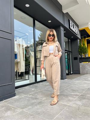 Camel Keten Crop Ceket-Pantolon 2li Takım