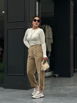 Camel Paça Düğme Detaylı Pantolon 