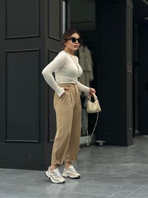 Camel Paça Düğme Detaylı Pantolon 