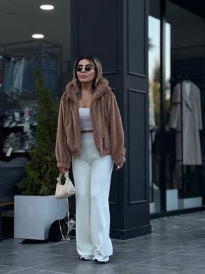 Camel Peluş Kapüşonlu Mont