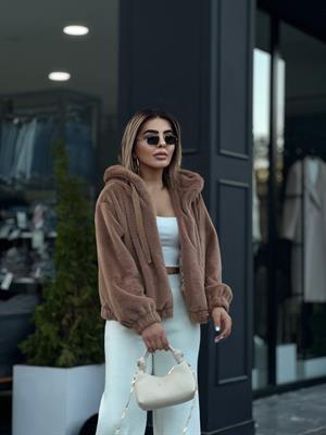 Camel Peluş Kapüşonlu Mont