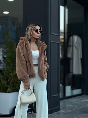 Camel Peluş Kapüşonlu Mont