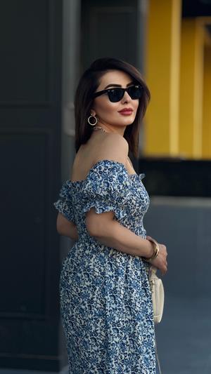 Crisp Patterned Madonna Neckline Dress with Side Slits