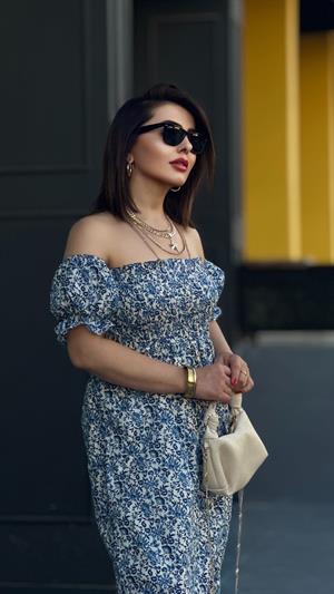 Crisp Patterned Madonna Neckline Dress with Side Slits