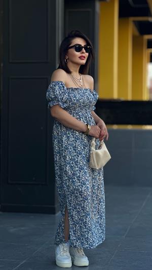 Crisp Patterned Madonna Neckline Dress with Side Slits