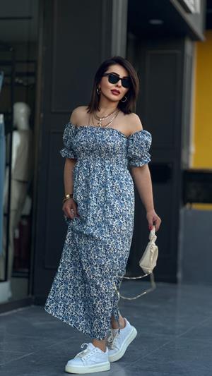 Crisp Patterned Madonna Neckline Dress with Side Slits