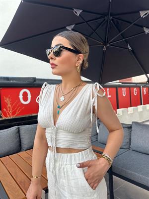 Striped Shoulder Gathered Crop Blouse