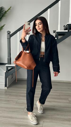 Denim Görünümlü Bomber Ceket-Pantolon Takım