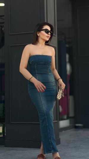 Denim Likralı Arkası Yırtmaçlı Uzun Elbise 
