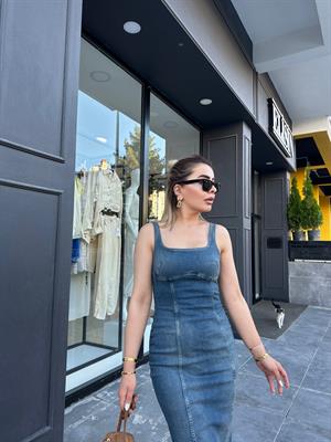 Denim Likralı Uzun Elbise 