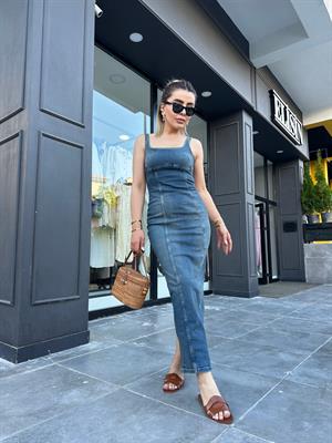 Denim Likralı Uzun Elbise 