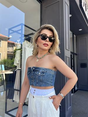 Denim Önü Düğmeli Büstiyer