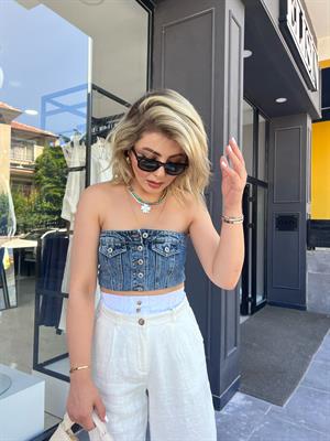 Denim Önü Düğmeli Büstiyer