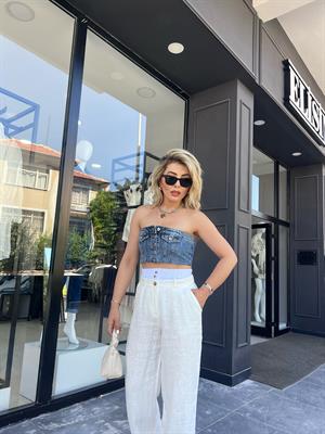 Denim Önü Düğmeli Büstiyer