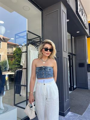 Denim Önü Düğmeli Büstiyer