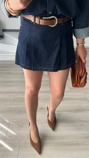 Denim Piliseli Şort Etek 