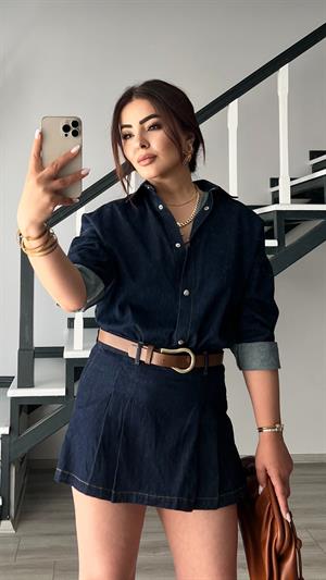 Denim Piliseli Şort Etek 