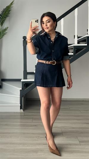 Denim Piliseli Şort Etek 