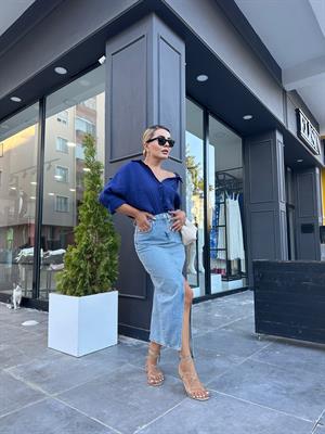 Denim Uzun Yırtmaçlı Asimetrik Etek 