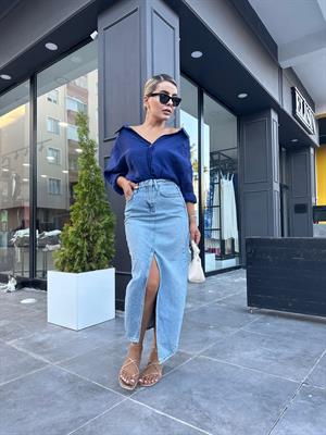 Denim Uzun Yırtmaçlı Asimetrik Etek 