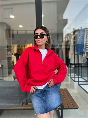 Dik Yaka Fermuarlı Şardonlu Kırmızı Sweat