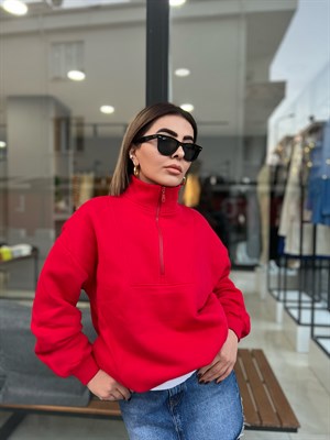 Dik Yaka Fermuarlı Şardonlu Kırmızı Sweat