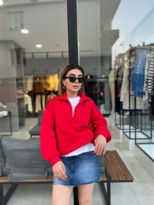 Dik Yaka Fermuarlı Şardonlu Kırmızı Sweat