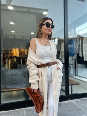 كارديجان طويل من ديلفين بلون أبيض كريمي مع جيوب