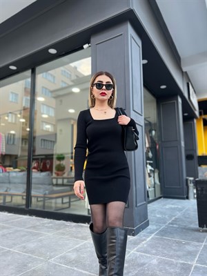Dilvin Kare Yaka Triko Elbise Siyah