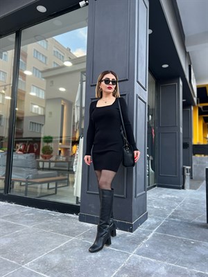 Dilvin Kare Yaka Triko Elbise Siyah