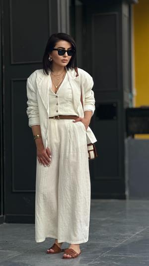 Ekru %100 Ham Keten Blazer Ceket