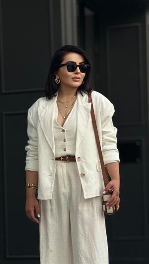 Ekru %100 Ham Keten Blazer Ceket