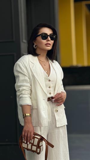 Ekru %100 Ham Keten Blazer Ceket
