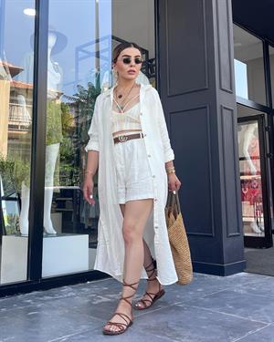 Ecru 100% Raw Linen Button-Down Kimono Dress