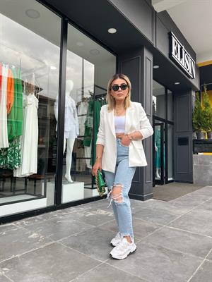 Ekru Astarı Çizgili Blazer Ceket 