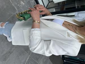 Ekru Astarı Çizgili Blazer Ceket 
