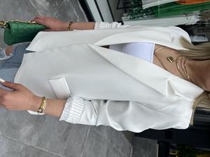 Ekru Astarı Çizgili Blazer Ceket 