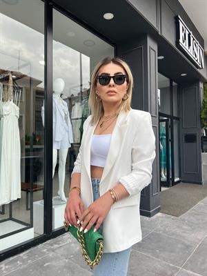 Ekru Astarı Çizgili Blazer Ceket 