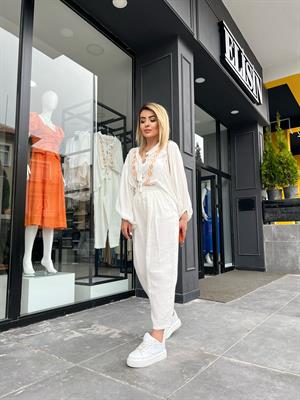 Ekru Beli Lastikli Piliseli Müslin Pantolon