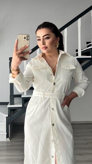 Off-white button-down belted denim dress